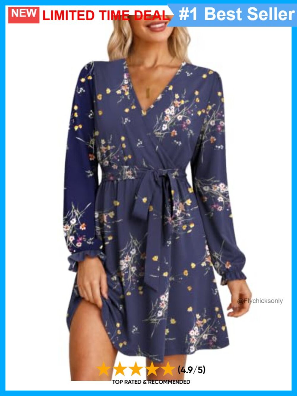 Wrap V Neck A-Line Dress Long Sleeve Belted Knee Length